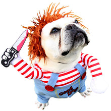 Load image into Gallery viewer, Deadly Doll Halloween Dog Costume – Funny Killer Doll Outfit with Wig and Knife Prop for Small to Large Dogs