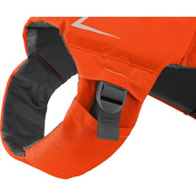 Load image into Gallery viewer, Orange life jacket with black interior on a white background