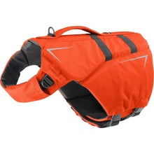 Load image into Gallery viewer, Orange dog life jacket with black straps on a white background