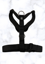 Load image into Gallery viewer, Black Y-strap dog harness showing front D-ring