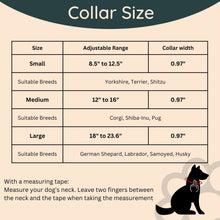 Load image into Gallery viewer, Waterproof dog collar size chart for small, medium, and large