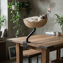Load image into Gallery viewer, ERGO PURRCH desk-mounted cat perch attached to home office desk - handwoven basket with cat