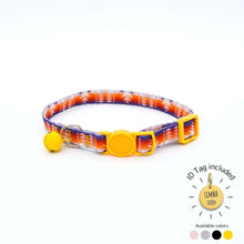 Load image into Gallery viewer, Tribal pattern breakaway cat collar in blue and red mosaic