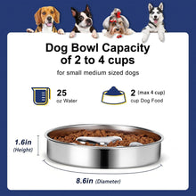 Load image into Gallery viewer, Dog bowl capacity chart for small to medium-sized dogs with a visual of dogs and a bowl.