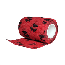 Load image into Gallery viewer, Cohesive bandage 3 inch vet wrap roll in red with paw-print pattern