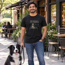 Load image into Gallery viewer, Illustrative lifestyle mockup: man wearing The Dog Has a Counteroffer black T-shirt outdoors with a border collie