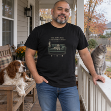 Load image into Gallery viewer, Illustrative lifestyle view of a man wearing The Sofa Has a Seating Chart pet lover T-shirt in Black on a porch with pets.