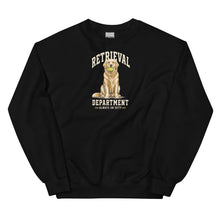 Load image into Gallery viewer, Black Golden Retriever crewneck with cream Retrieval Department lettering and illustrated dog