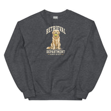 Load image into Gallery viewer, Dark Heather Golden Retriever crewneck with cream Retrieval Department lettering and illustrated dog