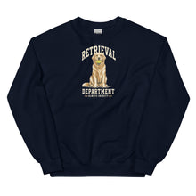 Load image into Gallery viewer, Navy Golden Retriever crewneck with cream Retrieval Department lettering and illustrated dog