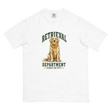 Load image into Gallery viewer, Retrieval Department golden retriever holding a tennis ball graphic on a White T-shirt, front mockup