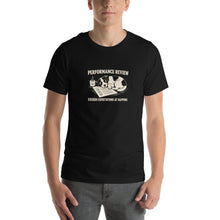Load image into Gallery viewer, Black Performance Review dog lover T-shirt, front view on model