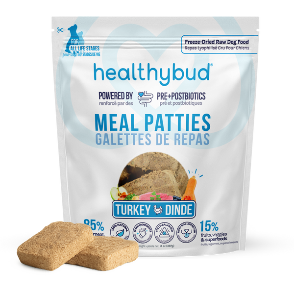healthybud freeze-dried raw turkey meal patties for dogs, made in Canada
