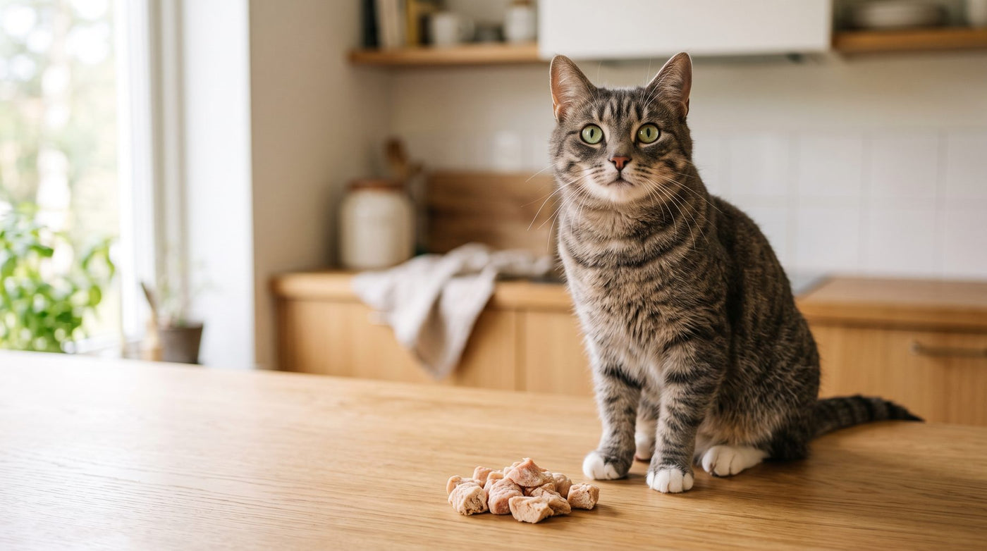 Tabby cat sitting on a bright kitchen counter beside a small pile of freeze-dried cat treats