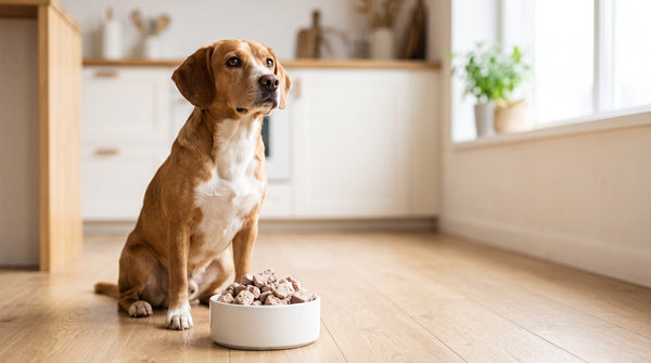 Dog sitting in a bright Canadian kitchen beside a white bowl of freeze-dried raw dog food