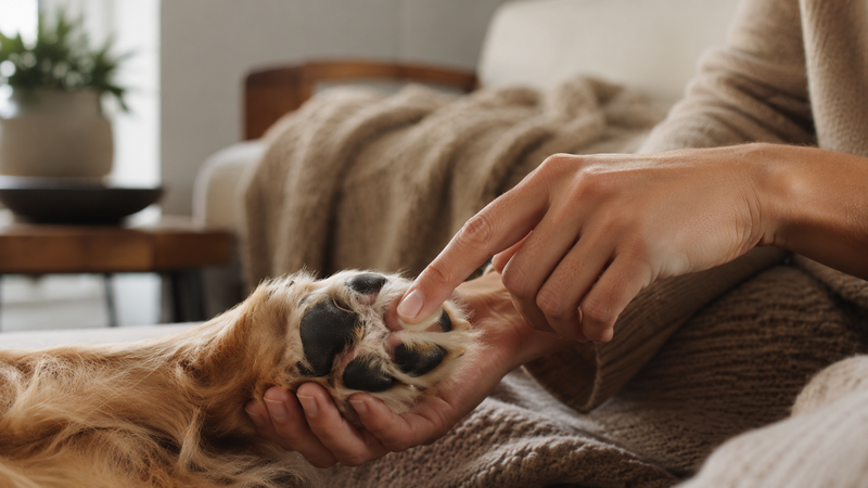 A pet parent gently holding a golden retriever's paw in a warm cozy living room — illustrating careful at-home paw care for dogs