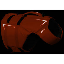 Load image into Gallery viewer, Red dog coat with reflective stripes on a black background
