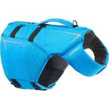Load image into Gallery viewer, Blue dog life jacket with black straps on a white background
