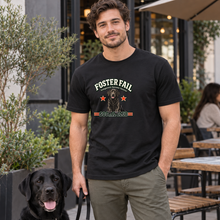 Load image into Gallery viewer, Illustrative man wearing the Black Foster Fail Social Club Black Lab T-shirt at a café with a Black Lab
