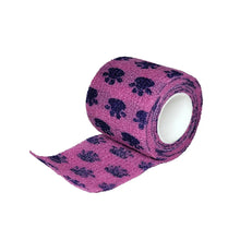 Load image into Gallery viewer, Cohesive bandage 2 inch vet wrap roll in dark pink with paw-print pattern

