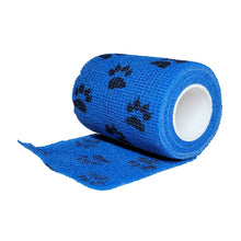 Load image into Gallery viewer, Cohesive bandage 3 inch vet wrap roll in blue with paw-print pattern
