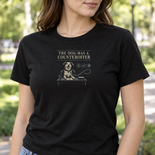 Load image into Gallery viewer, Illustrative lifestyle mockup: woman wearing the black Counteroffer dog T-shirt outdoors
