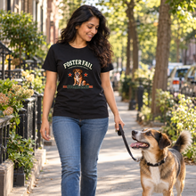 Load image into Gallery viewer, Illustrative lifestyle view of a woman wearing the Black Foster Fail Social Club Mixed Breed T-shirt outdoors with a dog
