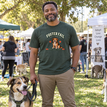 Load image into Gallery viewer, Illustrative lifestyle view of a man wearing the Heather Forest Foster Fail Social Club Mixed Breed T-shirt with a dog
