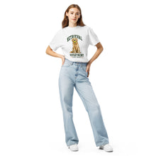 Load image into Gallery viewer, Model wearing the White Retrieval Department golden retriever T-shirt, front graphic visible
