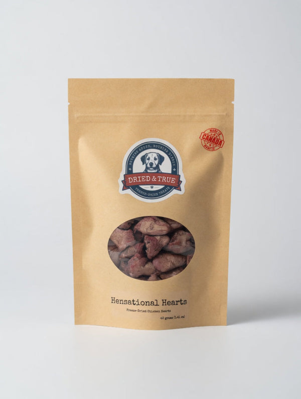 Bag of Hen-sational Hearts freeze-dried chicken heart treats for dogs and cats, 60g
