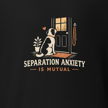 Load image into Gallery viewer, Separation Anxiety Is Mutual dog lover T-shirt in Black, close-up of the approved dog and doorway artwork
