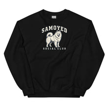 Load image into Gallery viewer, Black Samoyed Social Club crewneck sweatshirt with cream dog illustration and arched lettering, front view
