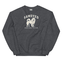 Load image into Gallery viewer, Dark Heather Samoyed Social Club crewneck sweatshirt with cream dog illustration and arched lettering, front view
