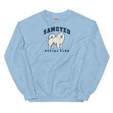 Load image into Gallery viewer, Light Blue Samoyed Social Club crewneck sweatshirt with a cream dog illustration and navy lettering, front view
