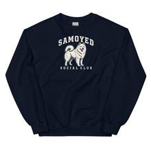 Load image into Gallery viewer, Navy Samoyed Social Club crewneck sweatshirt with cream dog illustration and arched lettering, front view
