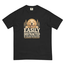Load image into Gallery viewer, Easily Distracted by Golden Retrievers graphic with a smiling dog and woodland scene on a Black T-shirt, front mockup
