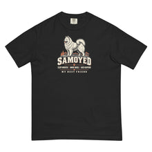 Load image into Gallery viewer, Samoyed Fluff Monster T-shirt in Black with cream Samoyed illustration and clear vintage lettering, front view
