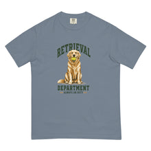 Load image into Gallery viewer, Retrieval Department golden retriever holding a tennis ball graphic on a Blue Jean T-shirt, front mockup

