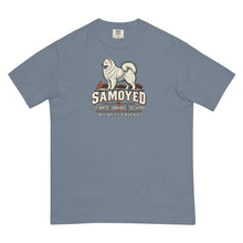 Load image into Gallery viewer, Samoyed Fluff Monster T-shirt in Blue Jean with cream dog illustration and rust accents, front view
