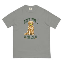Load image into Gallery viewer, Retrieval Department golden retriever holding a tennis ball graphic on a Grey T-shirt, front mockup
