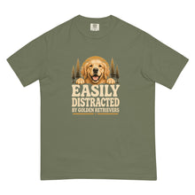 Load image into Gallery viewer, Easily Distracted by Golden Retrievers graphic with a smiling dog and woodland scene on a Moss T-shirt, front mockup
