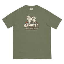 Load image into Gallery viewer, Samoyed Fluff Monster T-shirt in Moss with cream dog illustration and rust accents, front view
