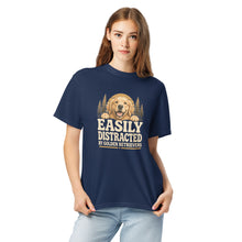 Load image into Gallery viewer, Model wearing the True Navy Easily Distracted by Golden Retrievers T-shirt, front graphic visible
