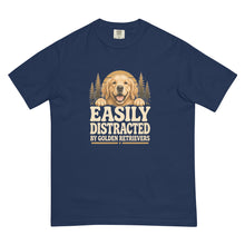 Load image into Gallery viewer, Easily Distracted by Golden Retrievers graphic with a smiling dog and woodland scene on a True Navy T-shirt, front mockup

