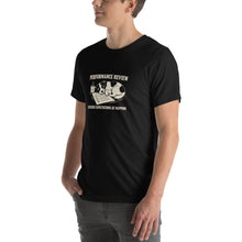 Load image into Gallery viewer, Black Performance Review dog lover T-shirt, angled front view on model
